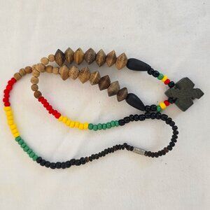 Rasta-style / African beaded necklace color scheme of red, yellow, and green